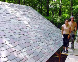 Natural Building Colloquium East, 2005, slate roof installation Natural Building Colloquium East, 2005, slate roof installation